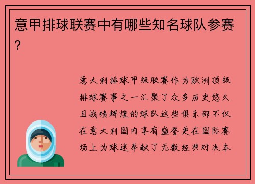 意甲排球联赛中有哪些知名球队参赛？